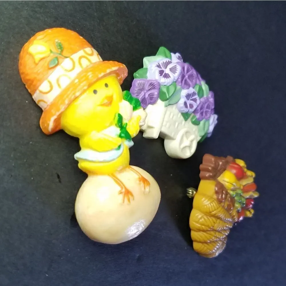 Set of 3 Vintage Hallmark 70's 80's Pins Cornucopia Pansie Cart Spring Chicken